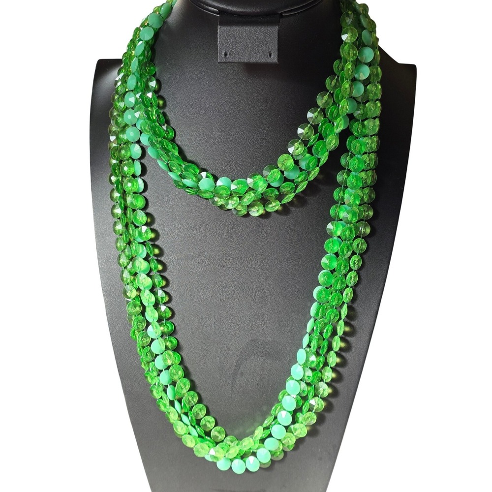 Vintage 5-Strand‎ Bright Green Opera Length Beaded Necklace - Spring Ring 50"